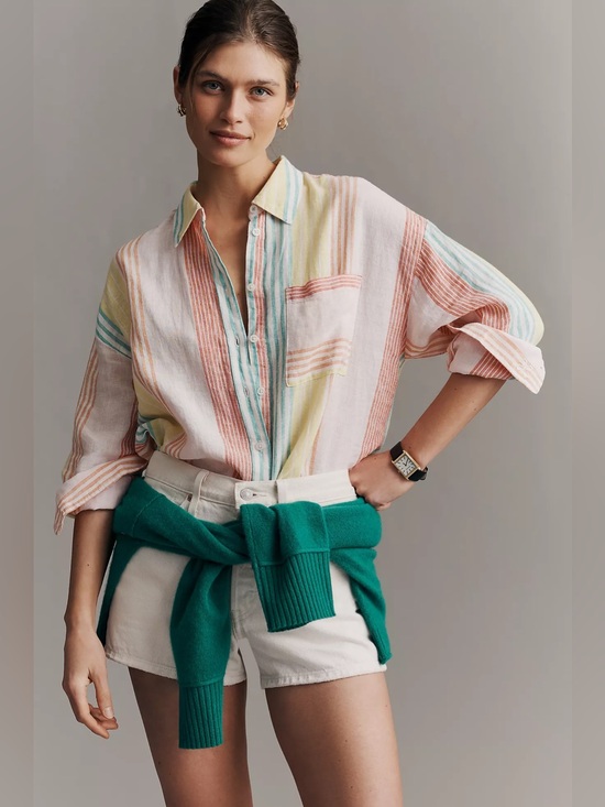 Anthropologie Tops - NWT Anthropologie Maeve Bennet European Linen Buttondown Shirt Umbrella Stripe